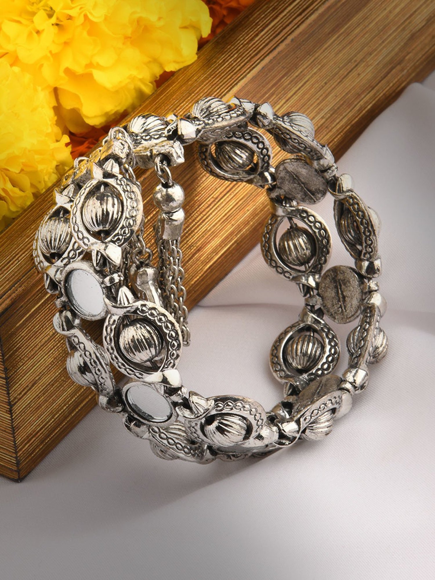 Fida Ethnic Oxidised Silver Tassel Drop Adjustable Tribal Cuff Bracelet for Women