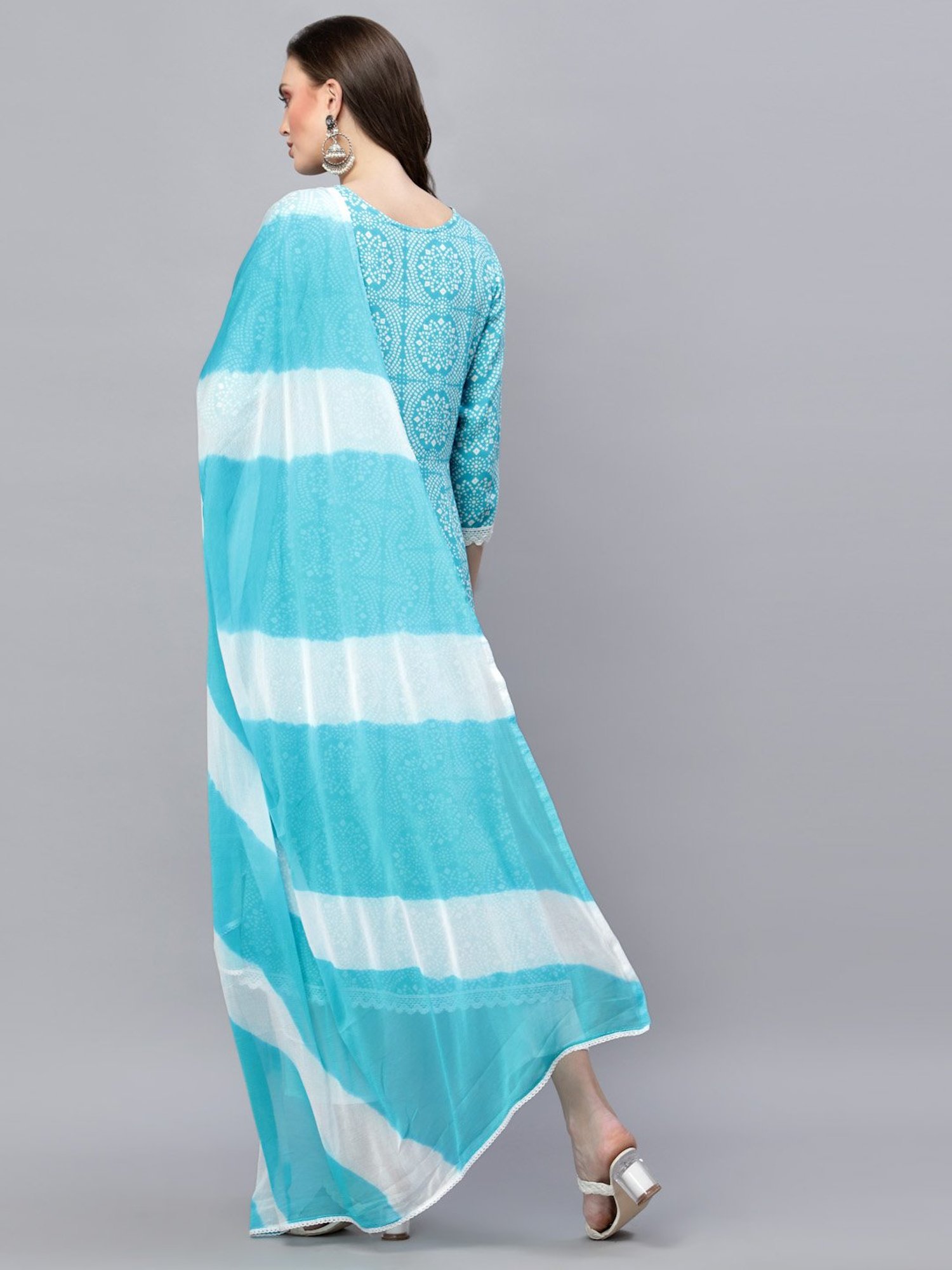 Stylum Turquoise & White Embroidered Kurta Pant Set With Dupatta