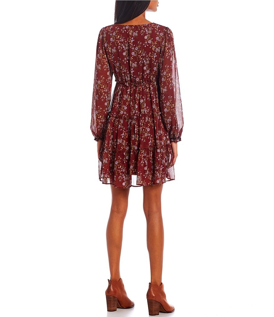 Allison & Kelly Long-Sleeve V-Neck Floral Print Tiered Babydoll Dress