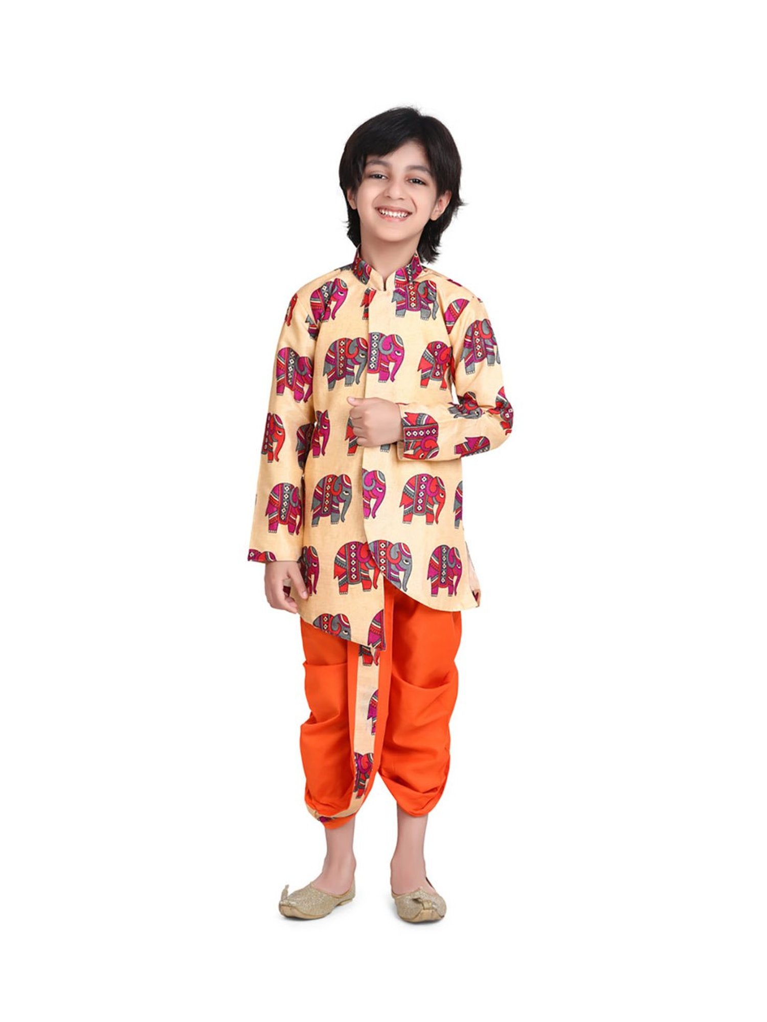 BownBee Kids Orange & Beige Printed  Kurta with Sherwani Dhoti