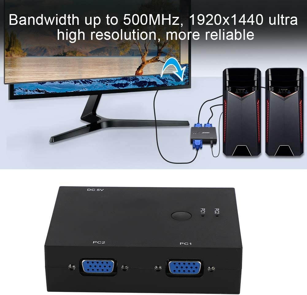 VGA Dual Port Switch, 1920x1440 500M Bandwidth Dual Port UHD DP USB KVM Switch Support for Host Scanning and Audio Switching Black for Monitor Screen