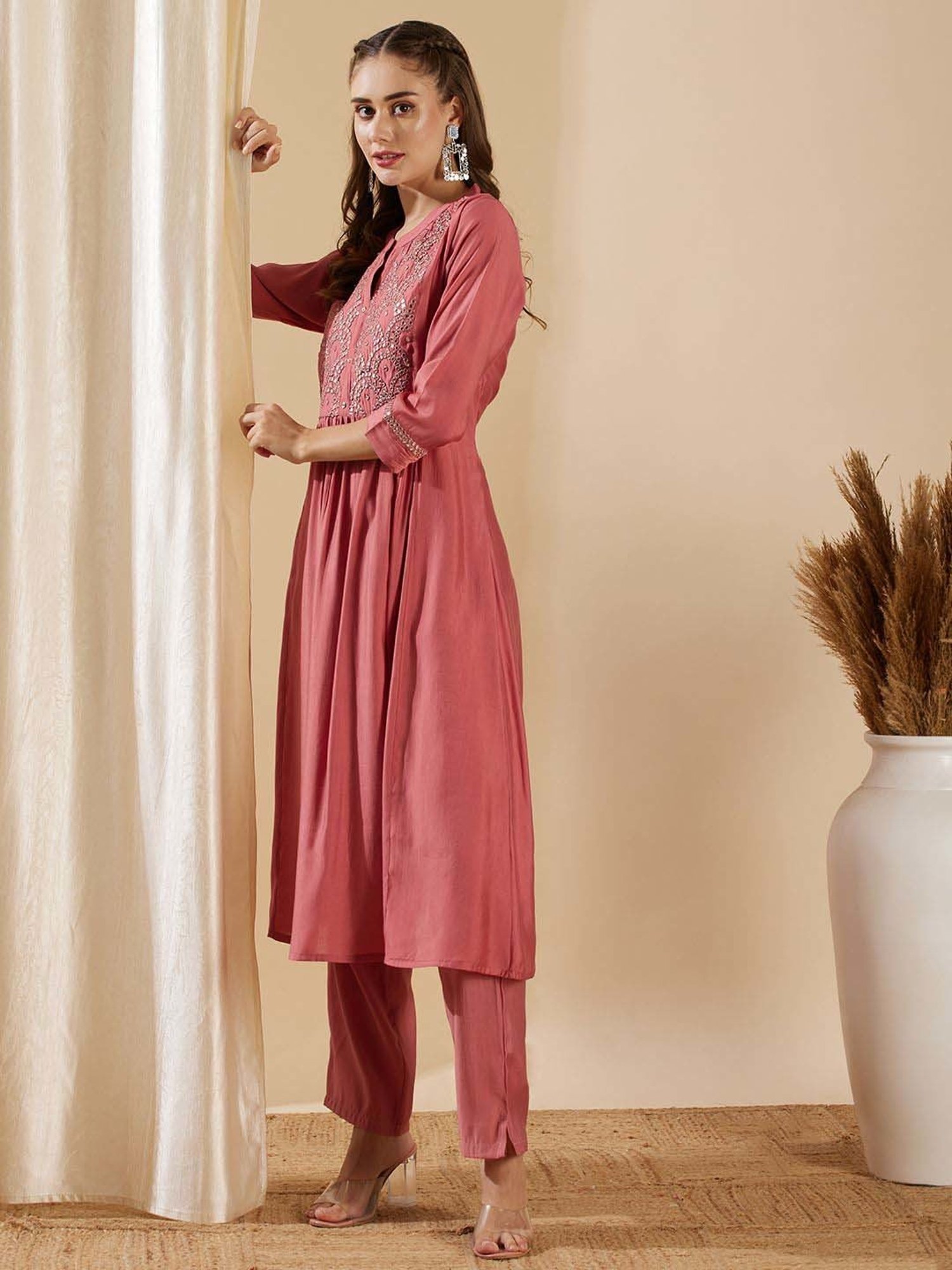 Fashor Pink Embroidered Kurta & Pant Set