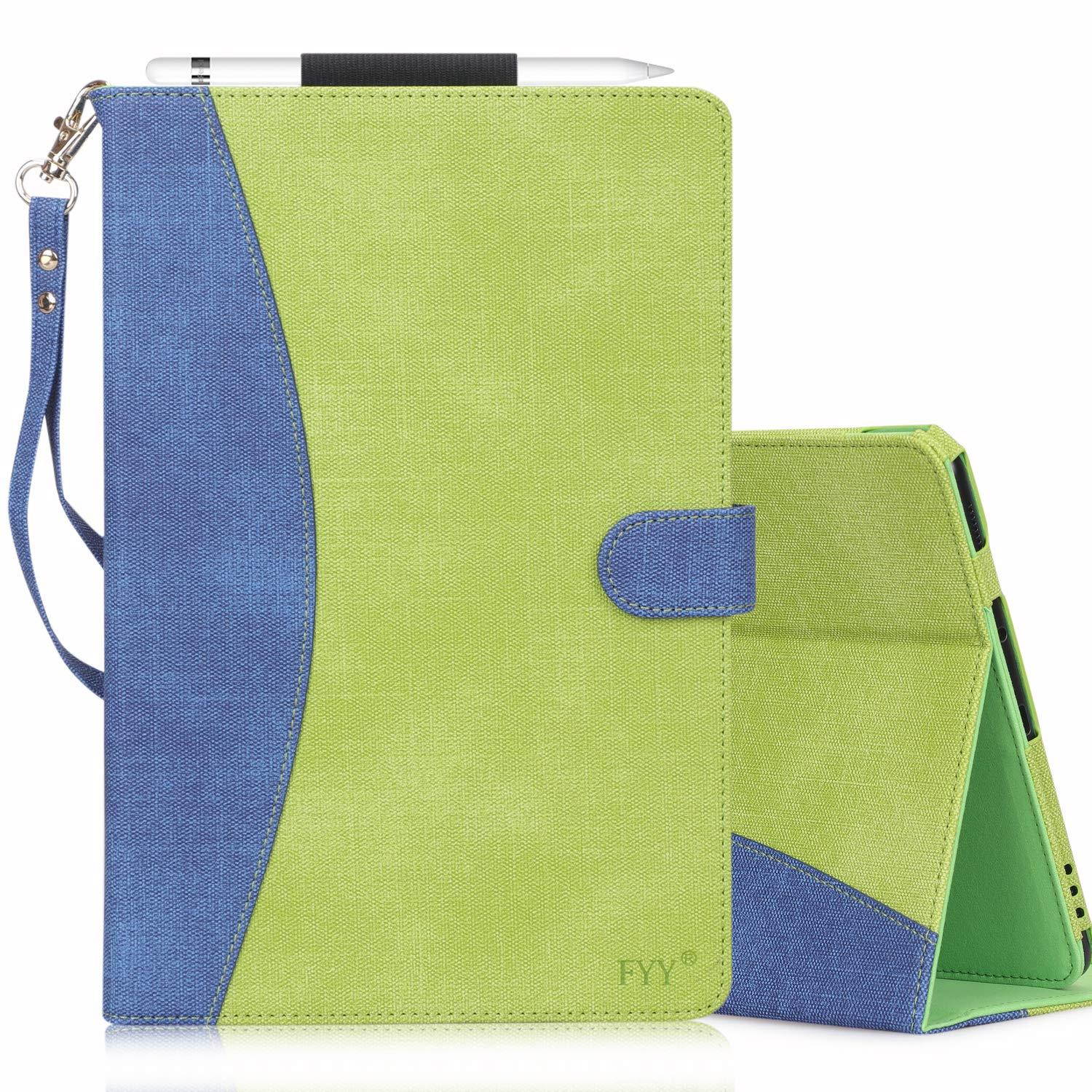 FYY Case for iPad 9.7 2018/2017 - Folio Case Stand Cover with Card Slots,Note Holder,Hand Strap for iPad 9.7 Case 2018/2017/iPad Air 2/iPad Air (with Auto Wake//Sleep Feature) Green+Navy