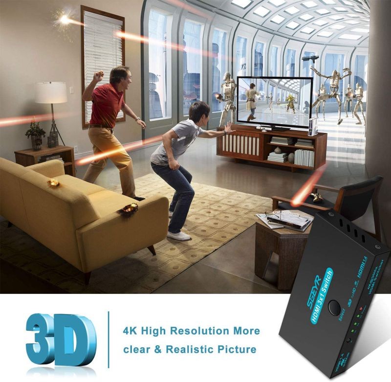 HDMI Switches, 3 Port HDMI Switcher 3 in 1 Out Metal HDMI Switcher Selector 3x1 with IR Remote Control HDMI Selector Box HDMI 1.4 HDCP 1.4 Support 4K /30Hz Ultra HD 3D 2160P 1080P