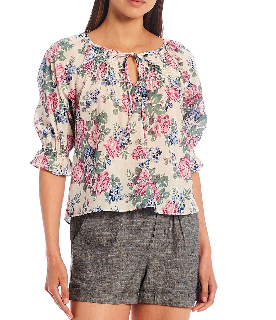 Shabby Chic Primrose Tie Detail Notch Neck 3/4 Sleeves Peasant Top