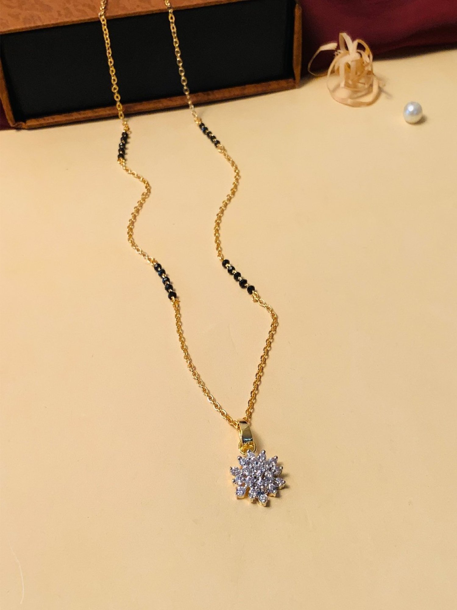 Abdesigns Gold-Plated American Diamond & Black Beaded Mangalsutra