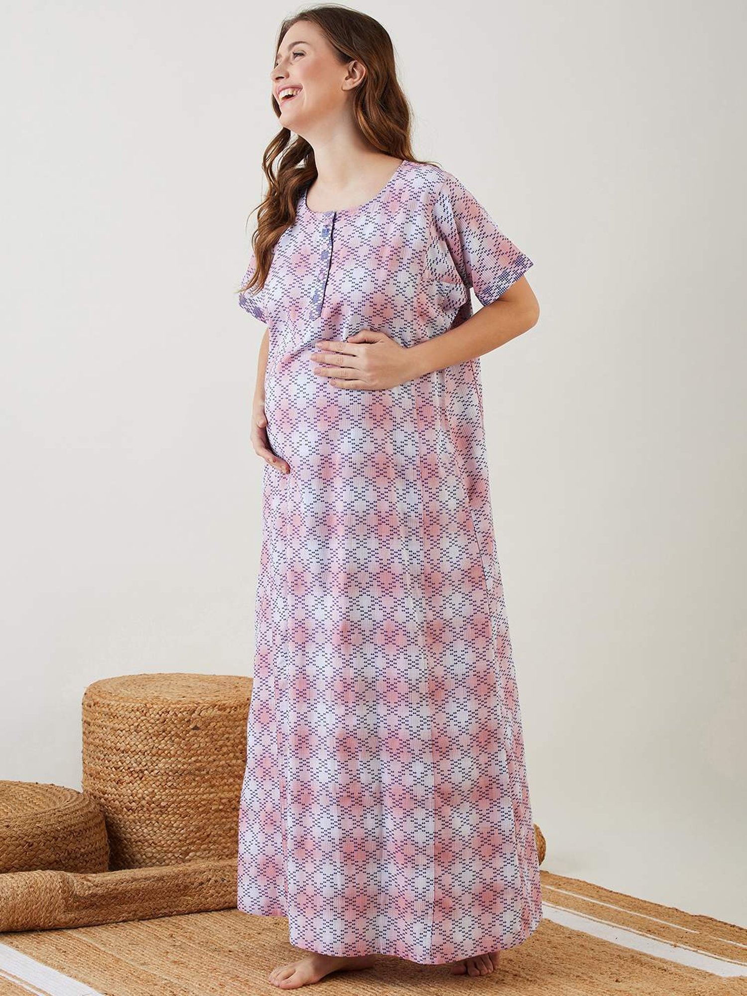 The Kaftan Company Pink & Blue Printed Maternity Night Dress