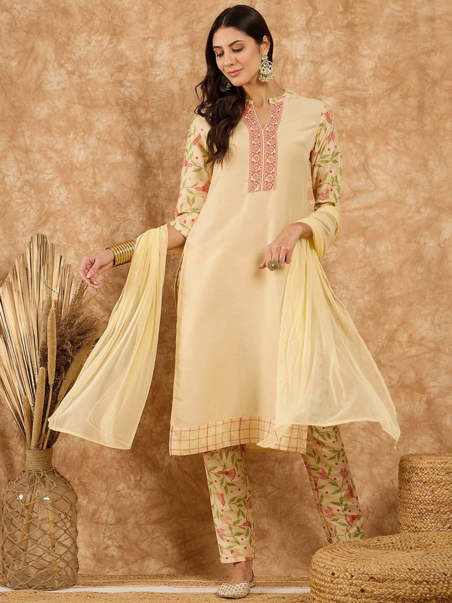 Ziyaa Beige Printed Kurta With Pant & Dupatta