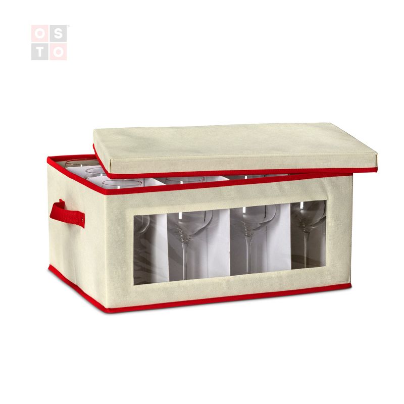 OSTO Holiday Wine Glass Storage Box for 12 Red or White Wine Glasses with Lid, Box for Glasses Has Cardboard Insert, Clear Window Color Ivory and Red