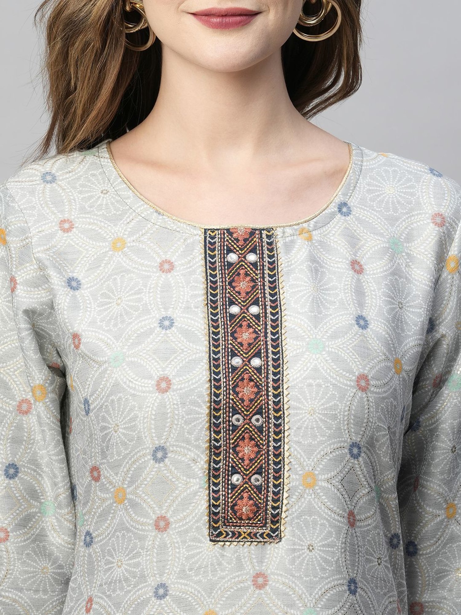 KIANA Grey Printed Straight Kurta
