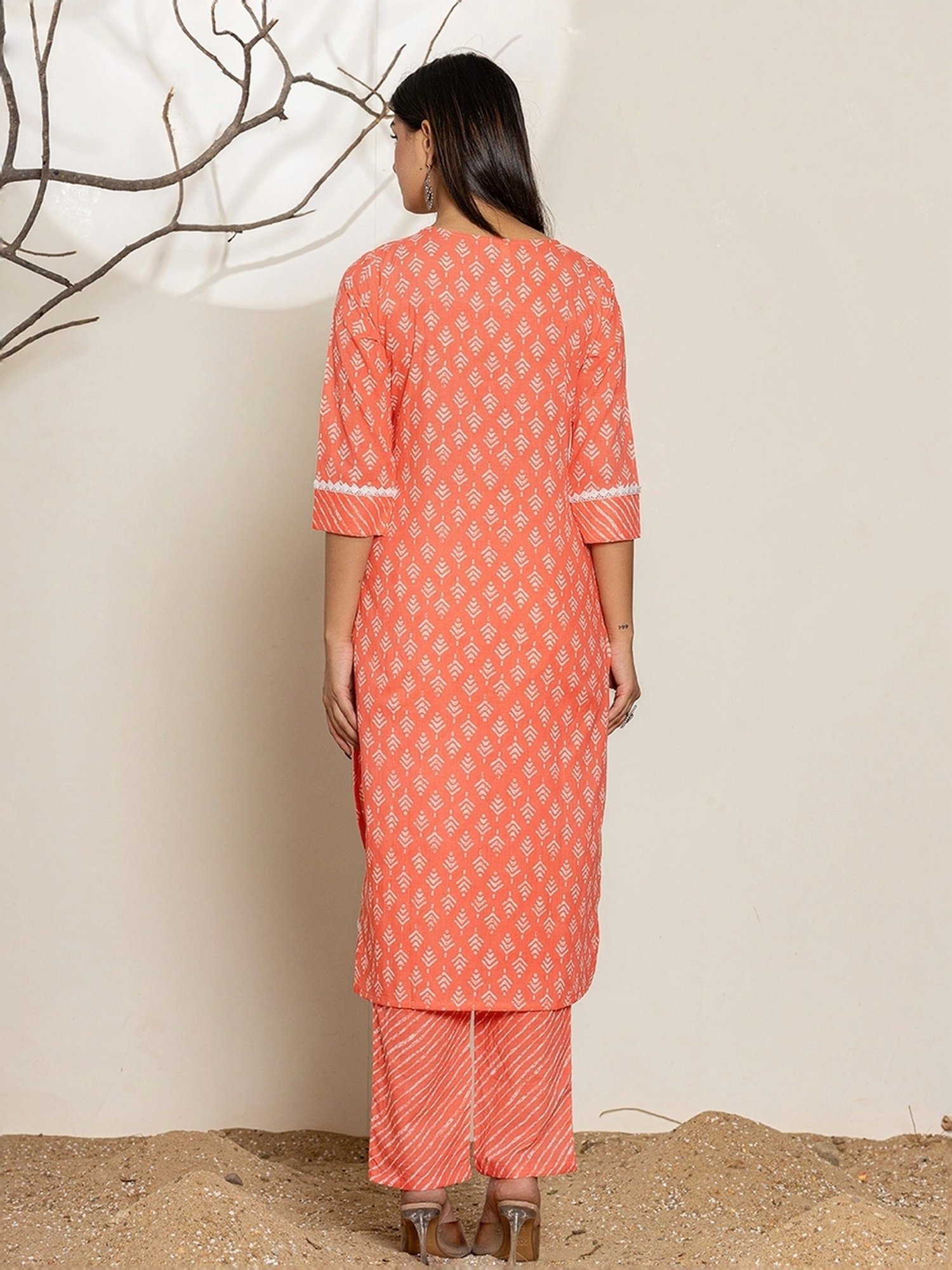 Yufta Peach Cotton Embroidered Kurta Pant Set With Dupatta