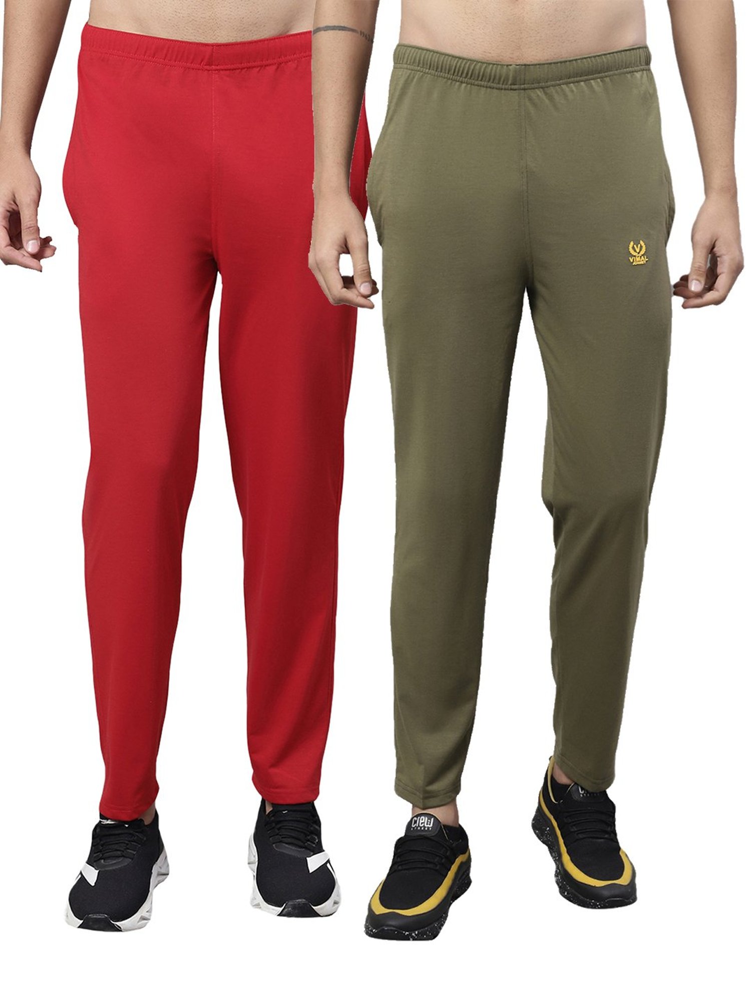 Vimal Jonney Red & Olive Cotton Lounge Pants - Pack of 2