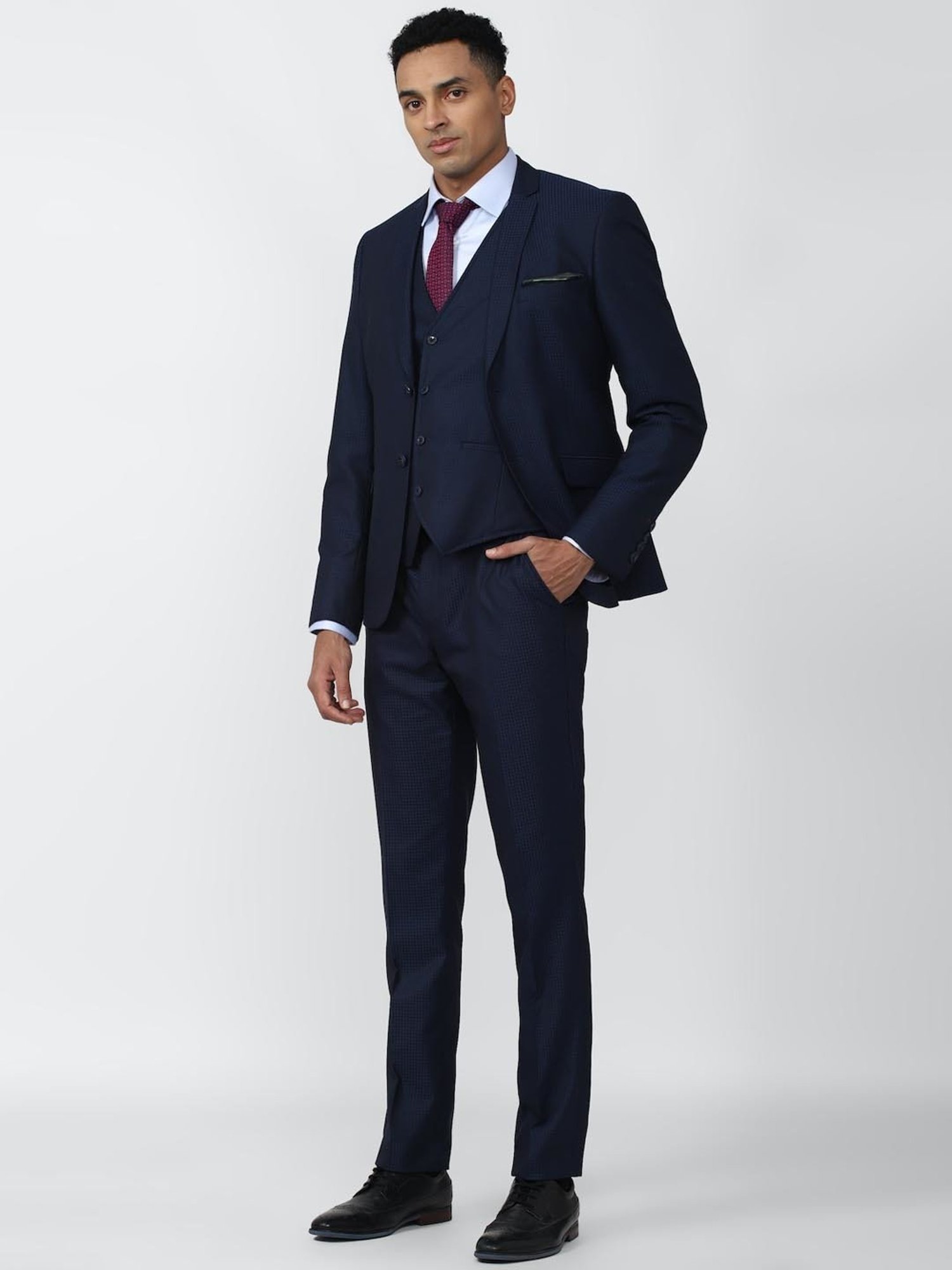 V Dot Navy Blue Skinny Fit Checks Three Piece Suits