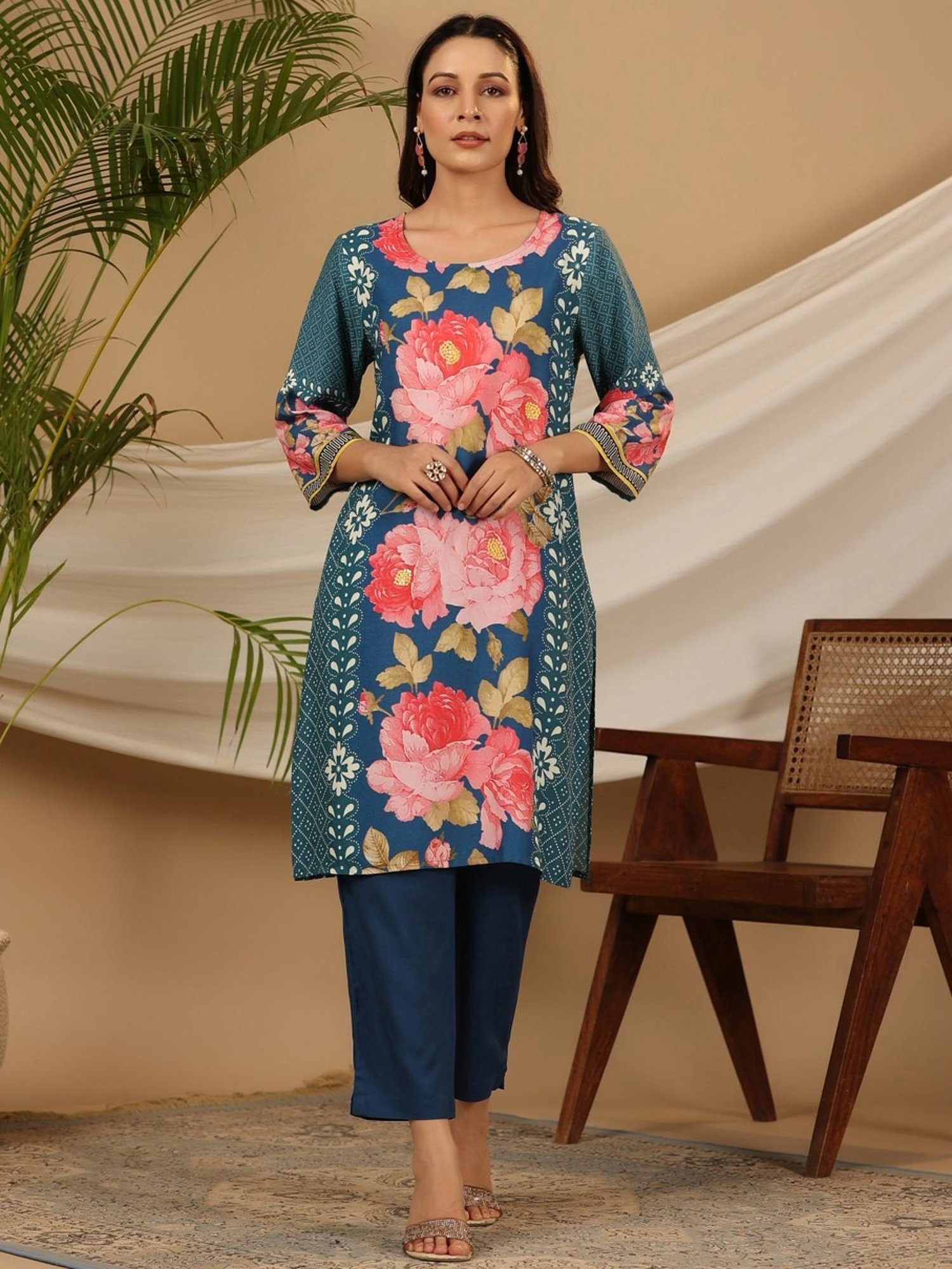Juniper Blue Floral Printed Rayon Kurta Pants & Dupatta Set With Sequins Work