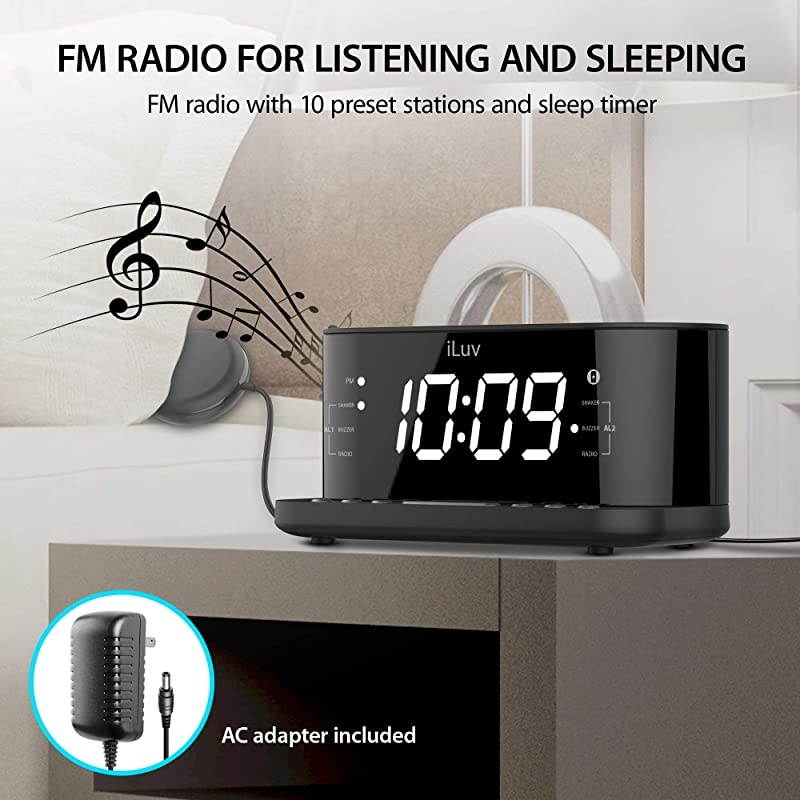Time Shaker 5Q Wow Qi-Certified Wireless Charging Alarm Clock with Vibration Shaker, Jumbo LCD White Display, Dual Alarm, FM Radio, Sleep Timer, 3-Level Dimmer, USB Charging Port, Battery Backup