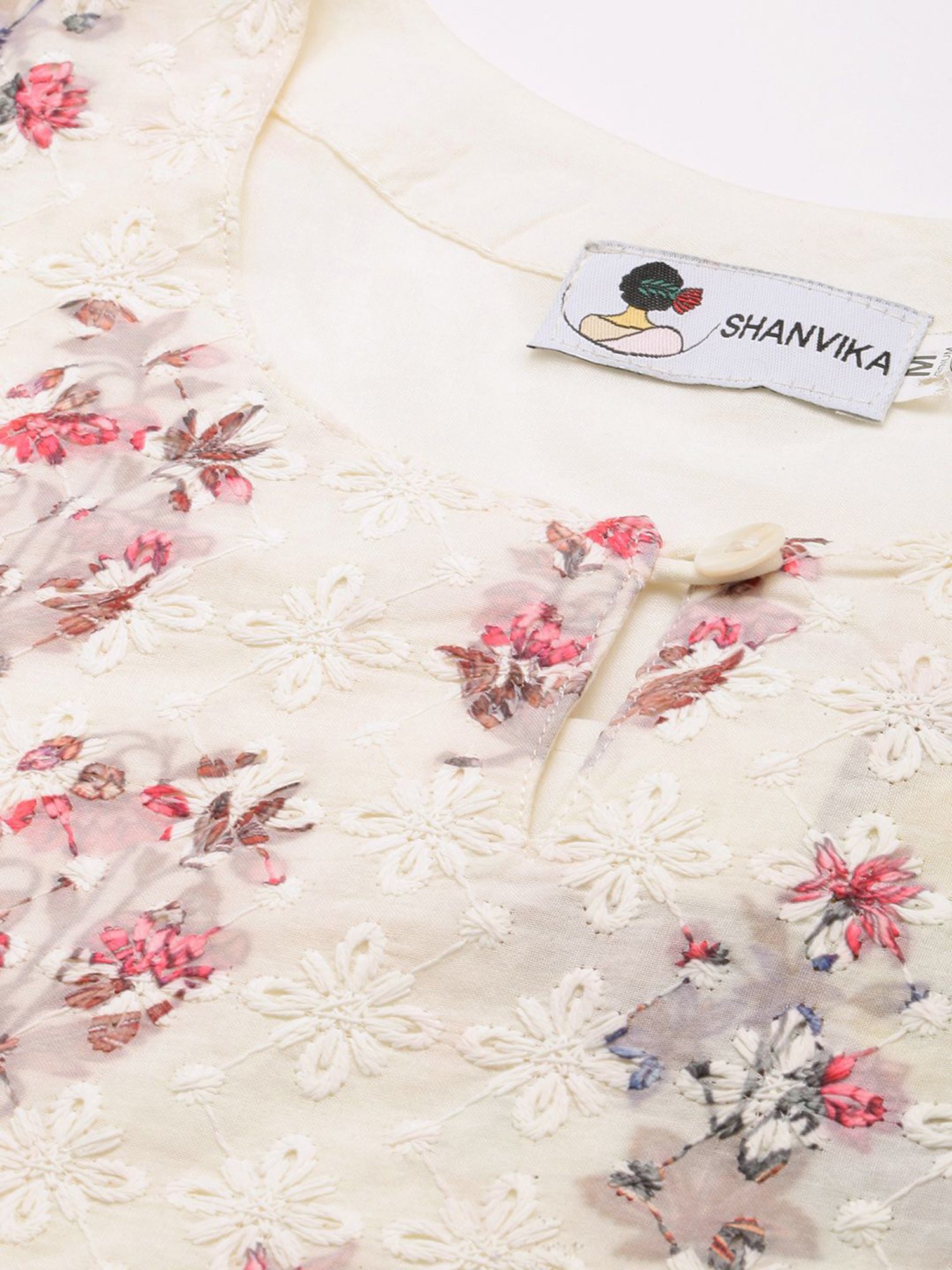 SHANVIKA Cream Embroidered Cotton Straight Kurta