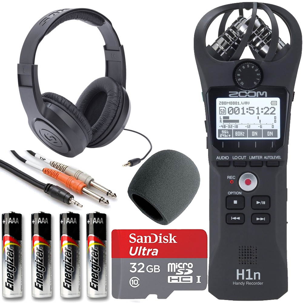 Zoom H1n Handy Recorder Black + On Stage Windscreen + SanDisk Ultra 32GB Card + Cable + Samson Headphones + Energizer AAA Batteries