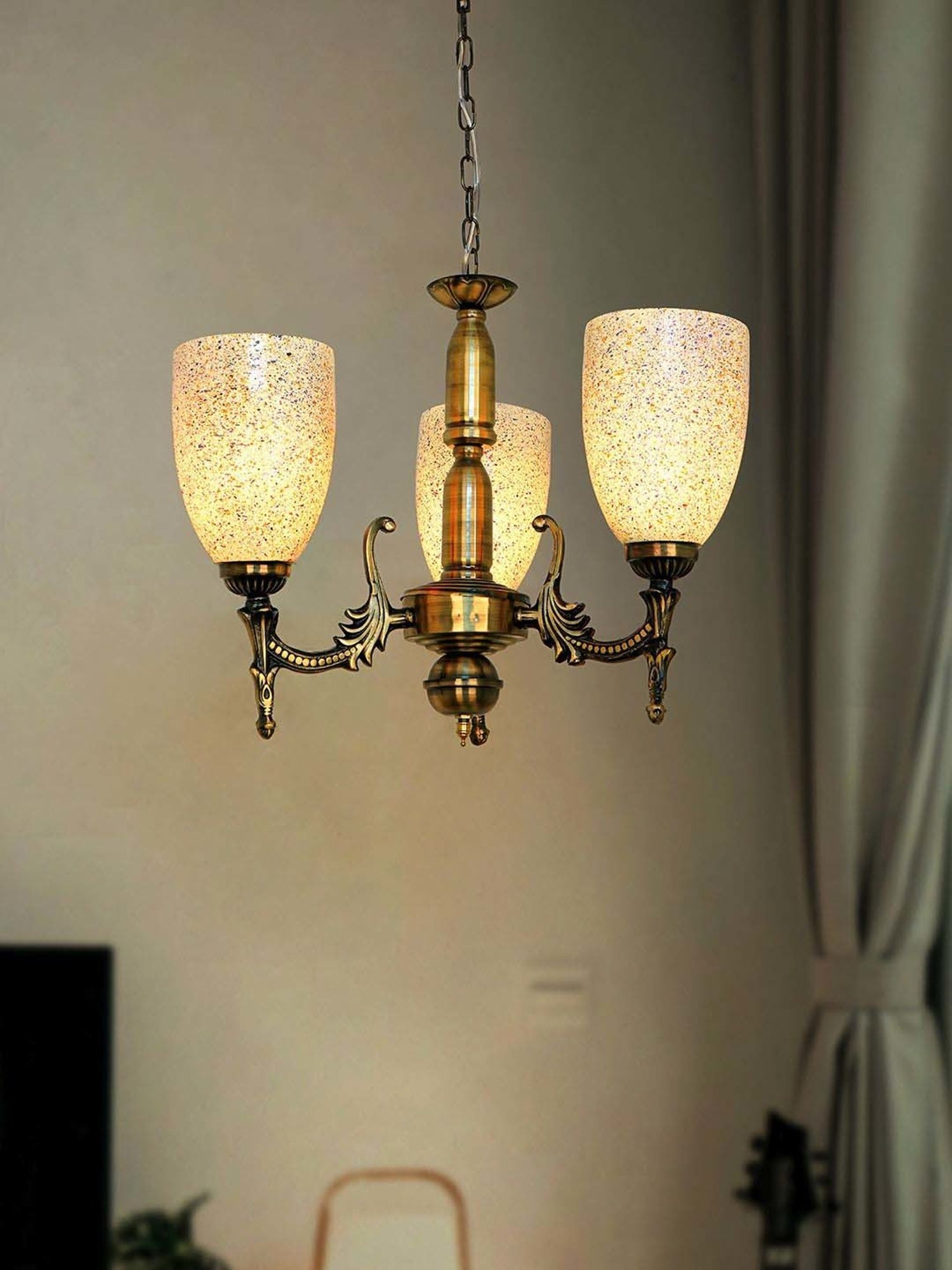 Fos Lighting Gold Mild Steel Antique Wide 3-Light Mini Ceiling Chandelier Hanging Light