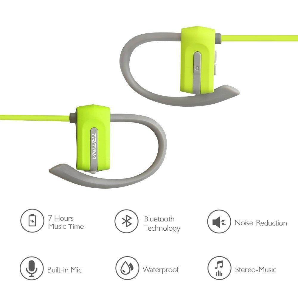 Tritina Sports Headphone in-Ear - Sweatproof Bluetooth Earphones w/ Mic - Comfortable Secure Fit Design Earbuds - HD Stereo Noise Cancelling for Gym Fitness Running Workout - Green