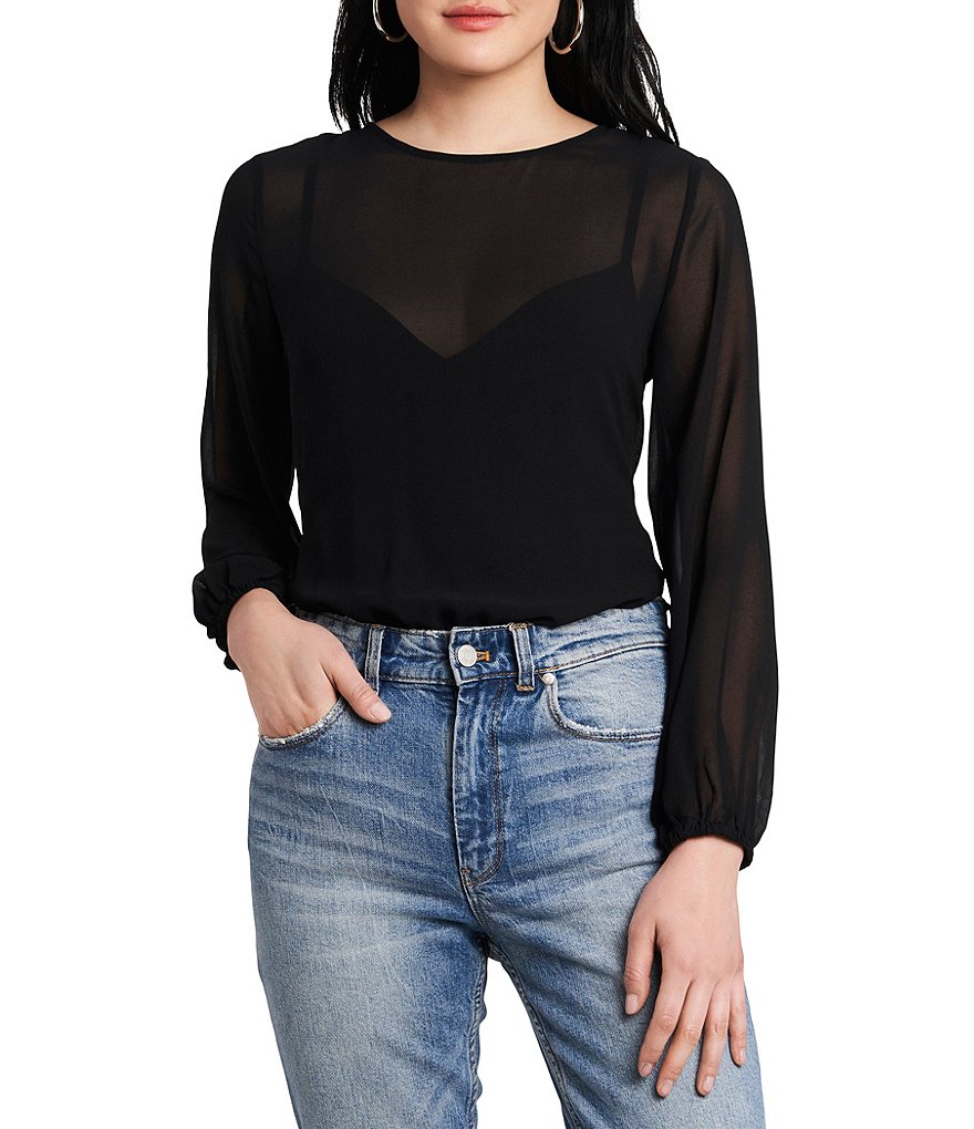 1. STATE Long Sleeve Crew Neck Sheer Mixed Media Bodysuit