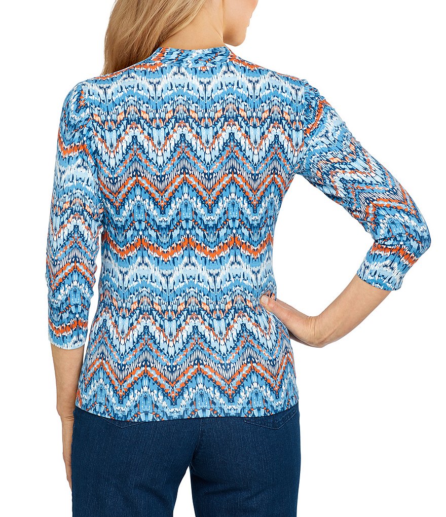 Ruby Rd. Petite Size Embellished Split V-Neck Texture Chevron Print 3/4 Sleeve Top