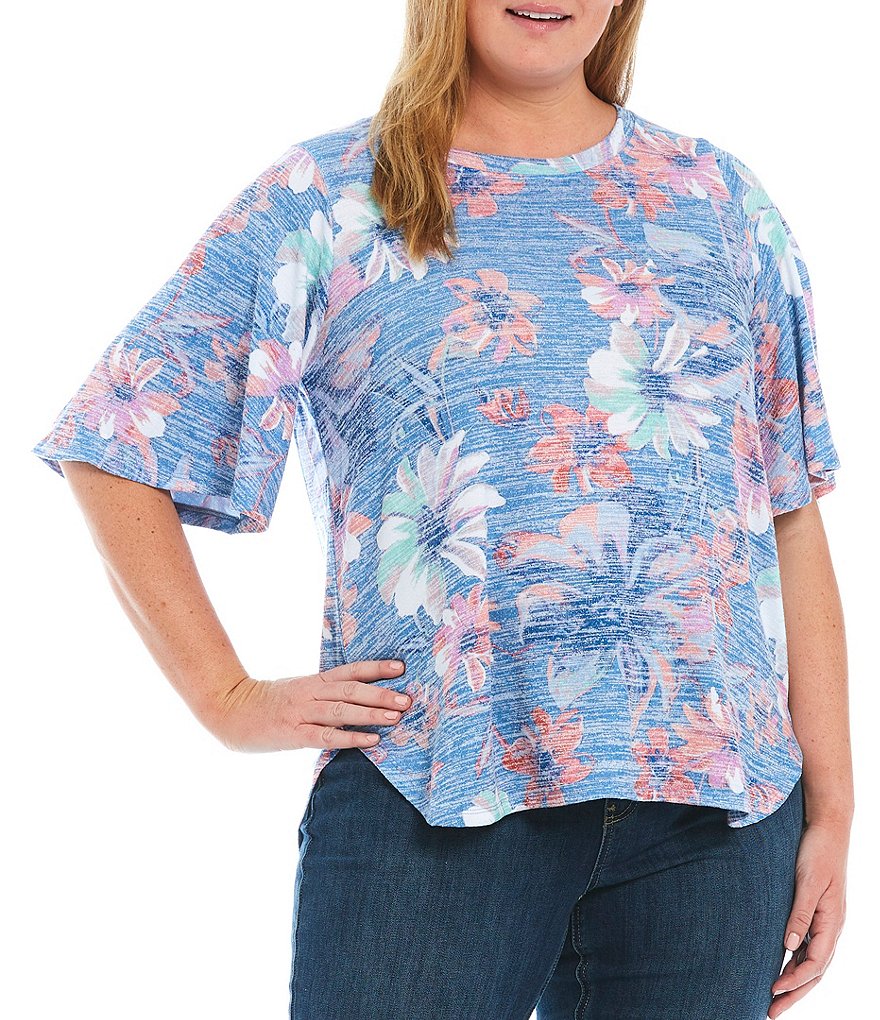 Westbound Plus Size Artistic Floral Print Crew Neck Flounce Short Sleeve Top