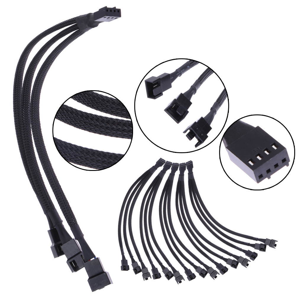 Black Net Jacket Sleeved 10 inch PWM 4pin 1 to 3 4-pins Fan Splitter Hub Power Fan-out Adapter Cable,Motherboard PMW 4-pin header 1x3 Fan-Out Power Cable - 10"