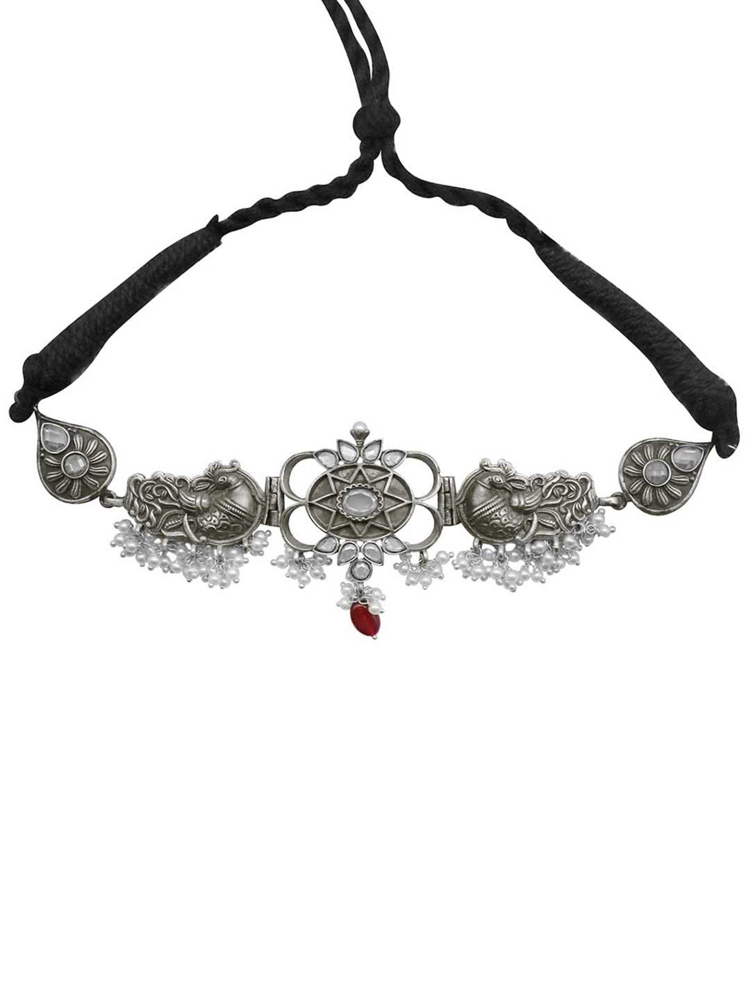 Teejh Ethnic Dancing Dual Peacock White Silver Oxidized Choker Necklaces for Women