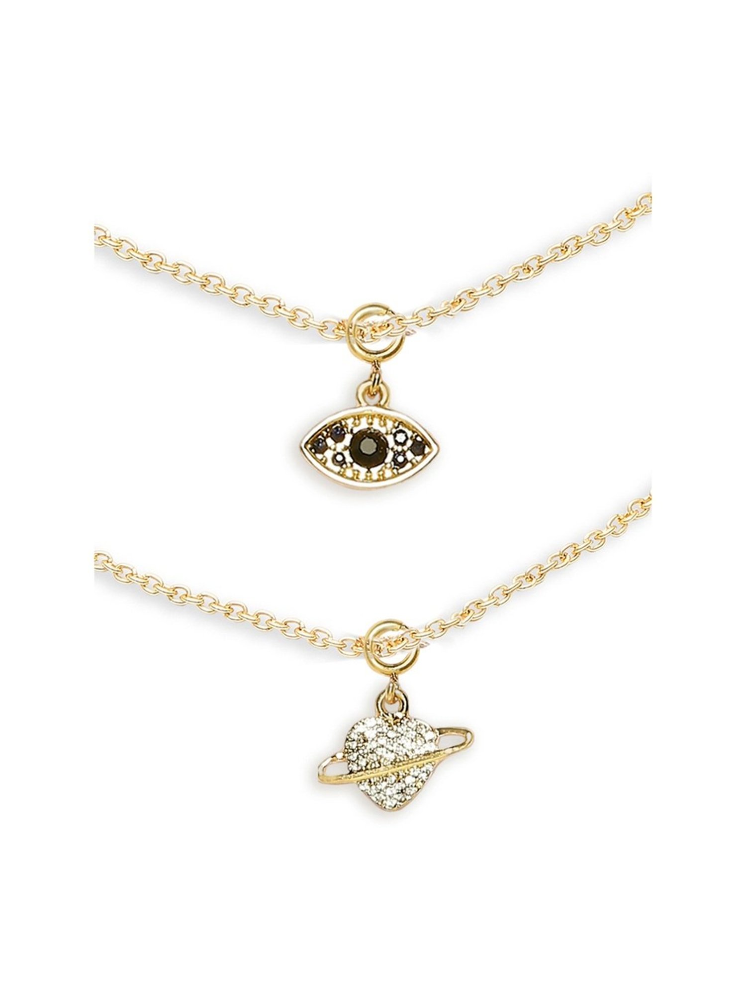 Oomph Gold Fashion Delicate Evil Eye & Heart Design Charms Anklets - Set of 2