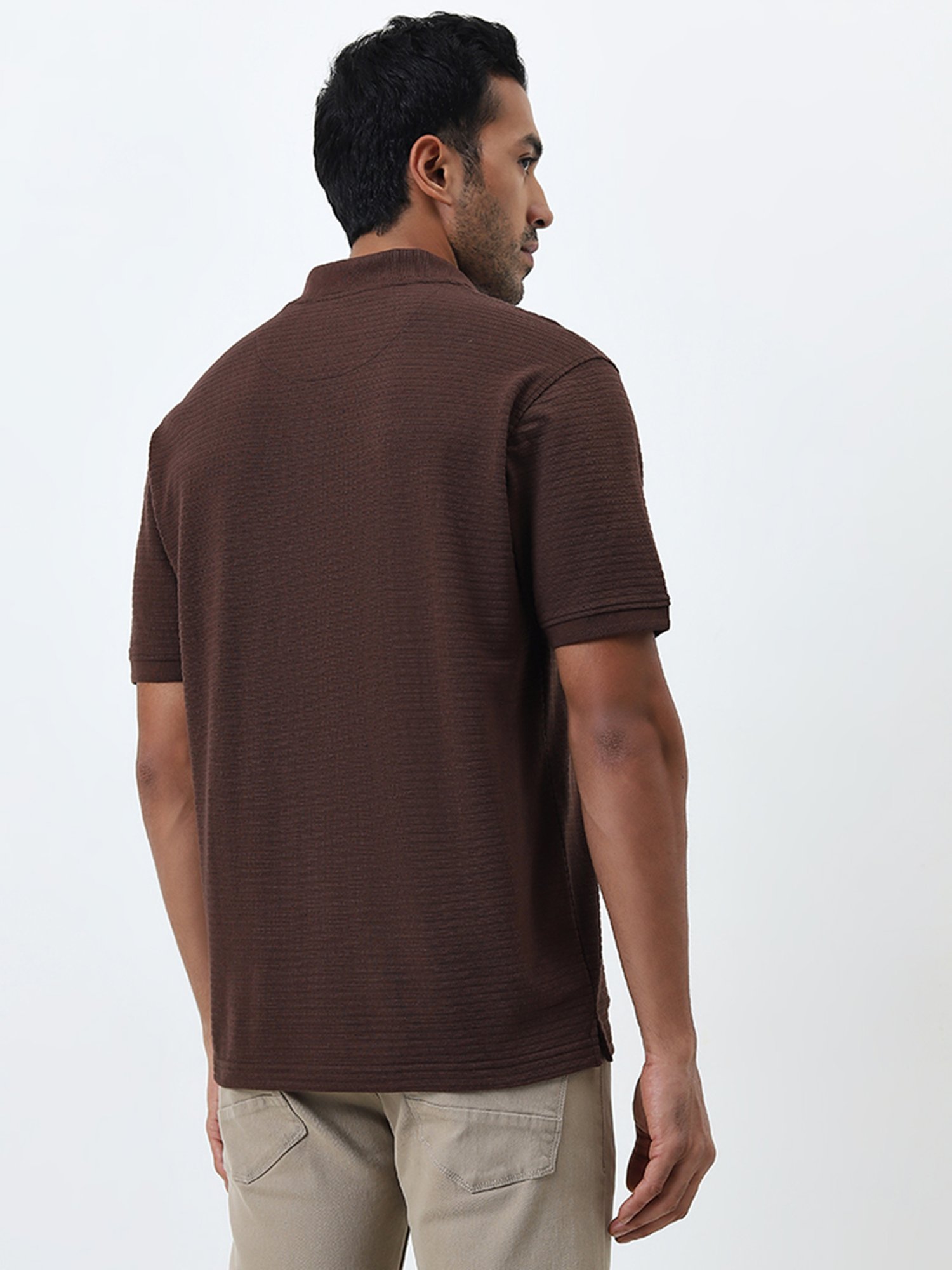 WES Casuals by Westside Brown Self-Striped Relaxed-Fit Polo T-Shirt