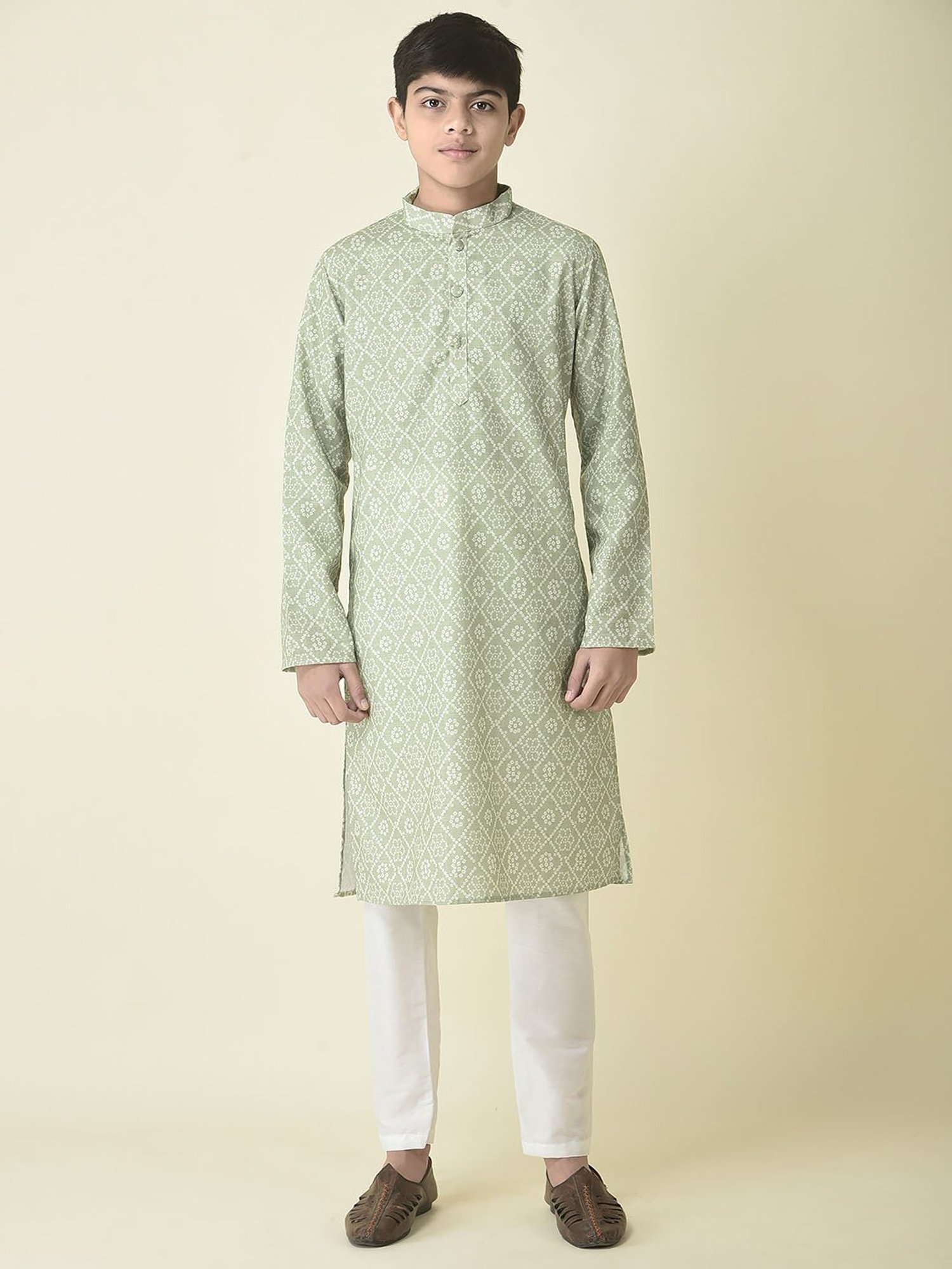 TABARD Kids Green & White Printed Full Sleeves Kurta with Churidar