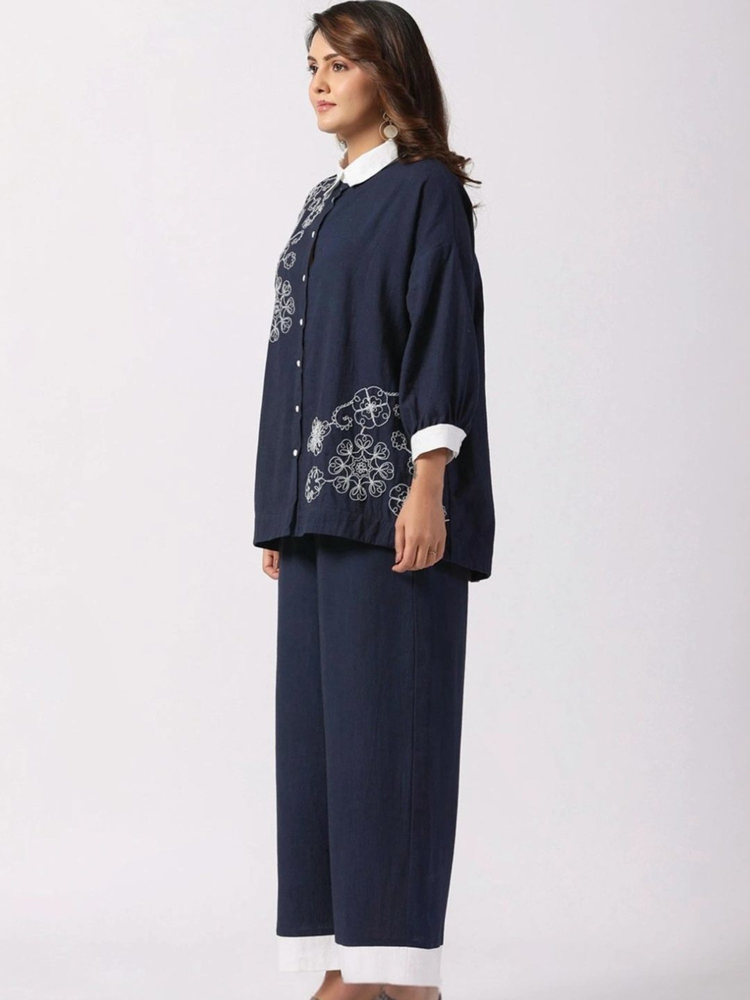 Kaftanize Navy Blue & White Embroidered Cotton Shirt with Pant Co-Ord Set