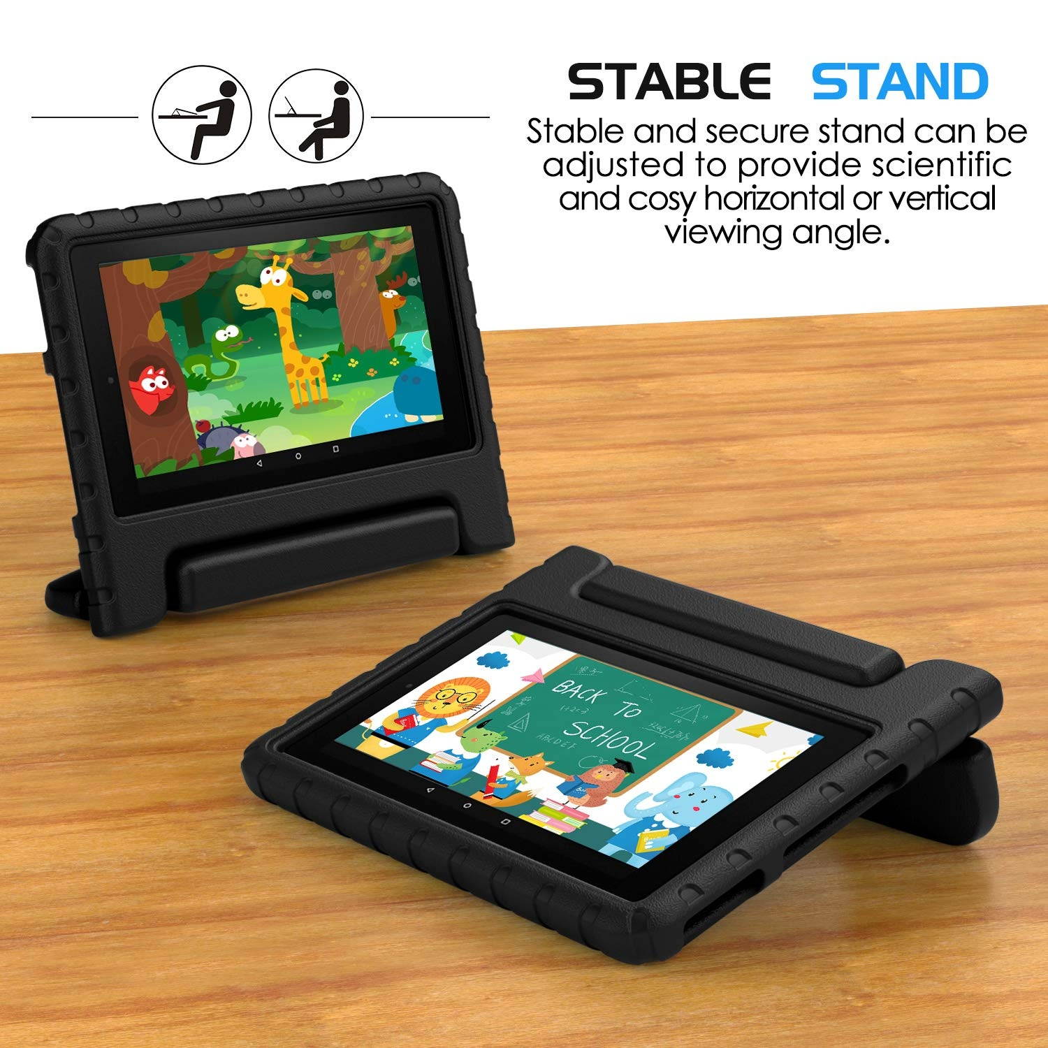 MoKo Kids Case Fits All-New Amazon Kindle Fire 7 Tablet (9th Generation, 2019 Release), Durable EVA Kid-Friendly Shock Proof Portable Handle Protective Stand Cover - Black