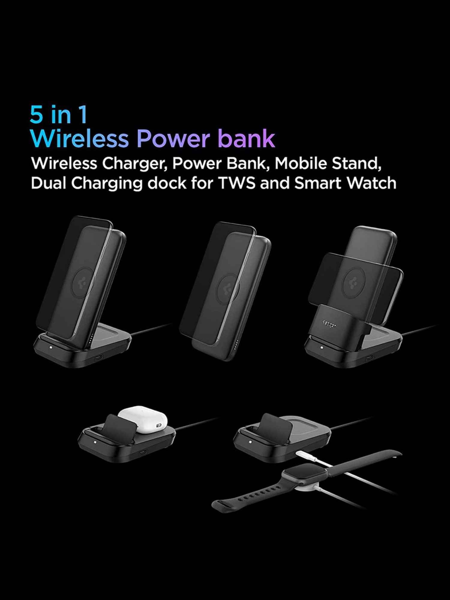 Spigen 5in1 10000 mAh Wireless Power Bank with USB-C Dual Charging Dock (Black)