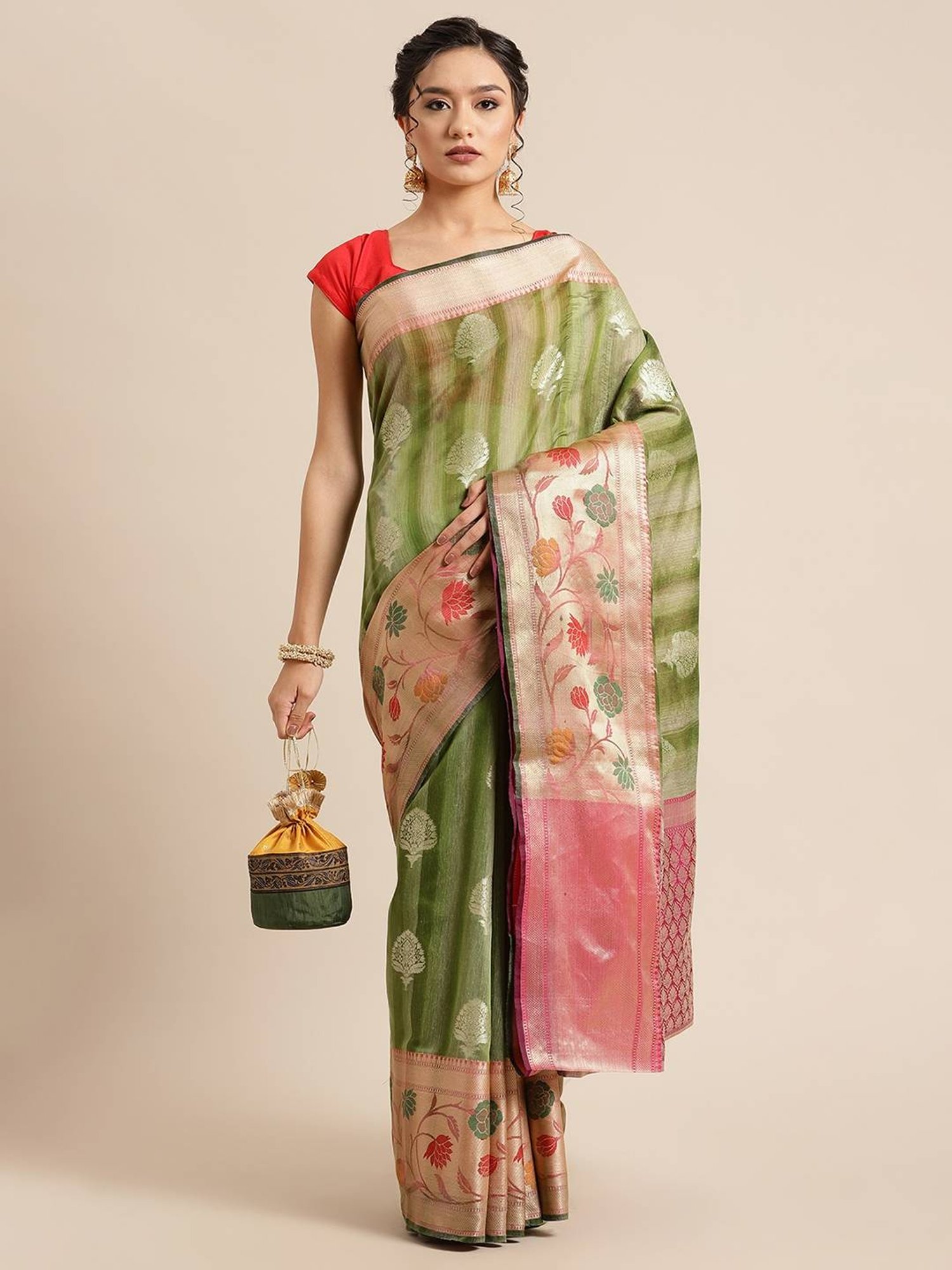 Banarasi Silk Works Green Woven Saree with Blouse