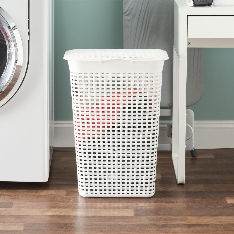 Home Basics Plastic Weave Lidded Laundry Hamper with Cut-Out Handles, White