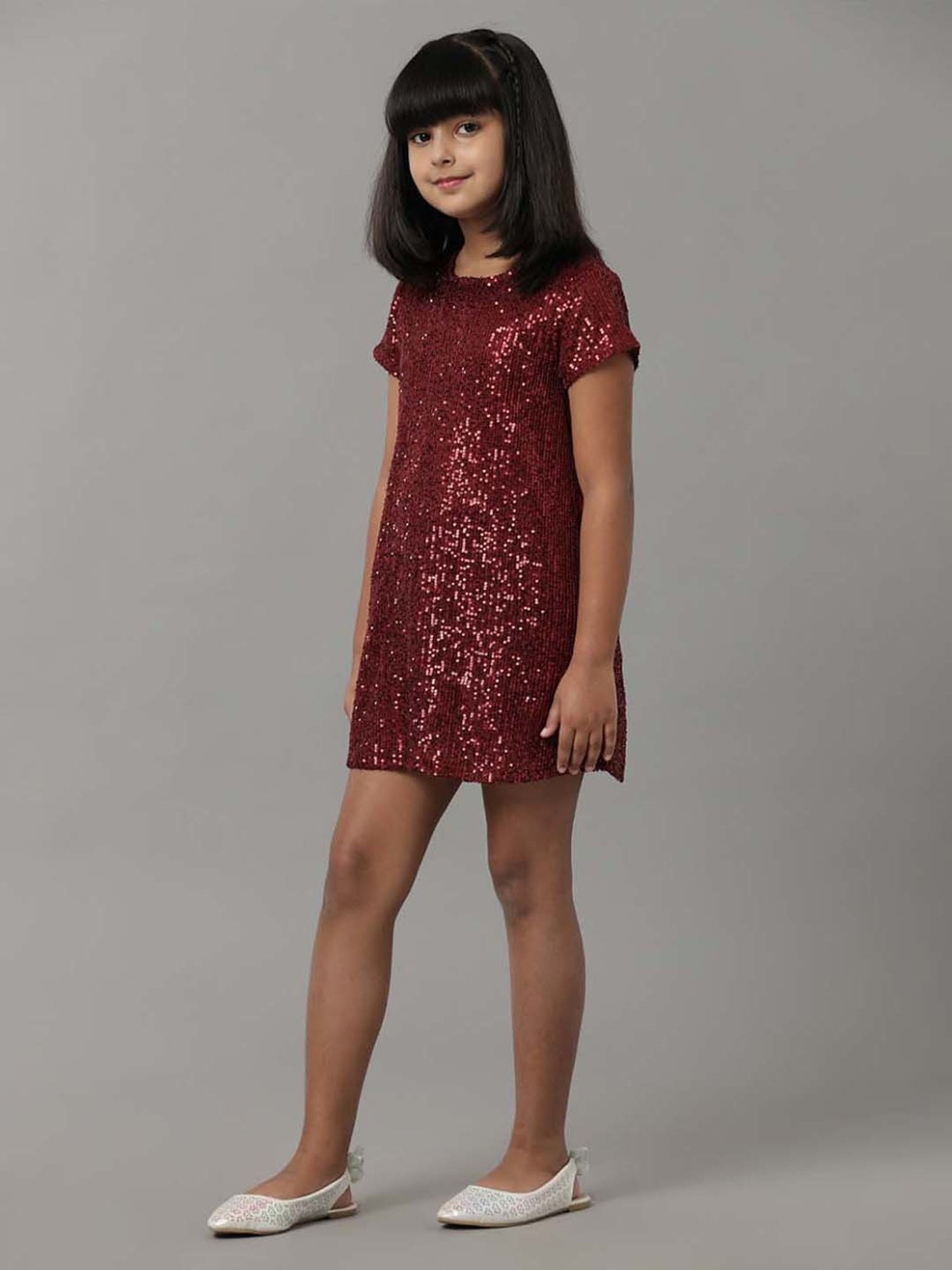 Under Fourteen Only Kids Maroon Embellished Dress
