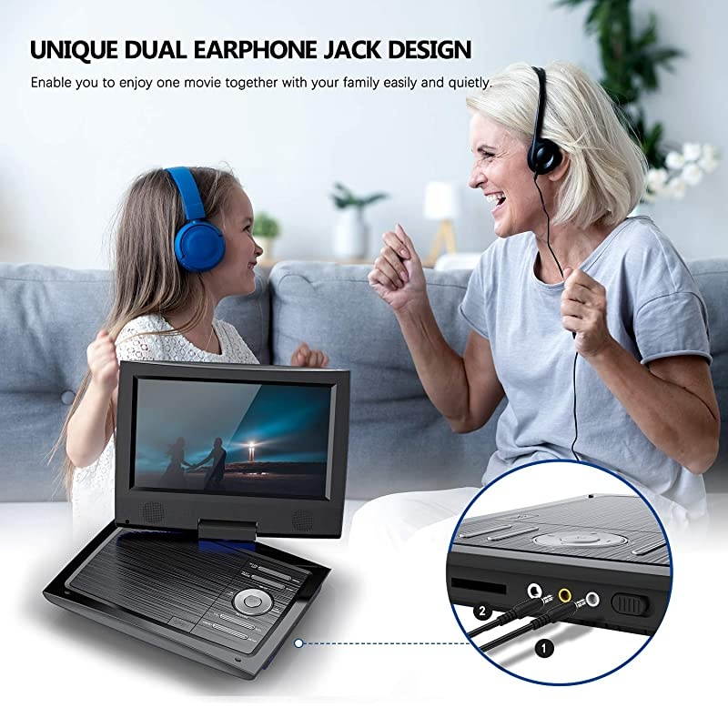 11 Portable DVD Player for Car and Kids with 95 inch HD Swivel Screen 5 Hour Rechargeable Battery Dual Earphone Jack Supports SD CardUSBCDDVD with Extra Headrest Mount Case Black