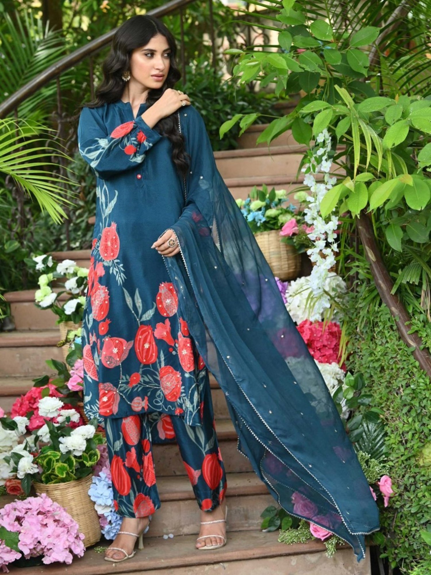 Mahee Jaipur Blue Anar Print Crepe Kurta with Pant and Chiffon Dupatta
