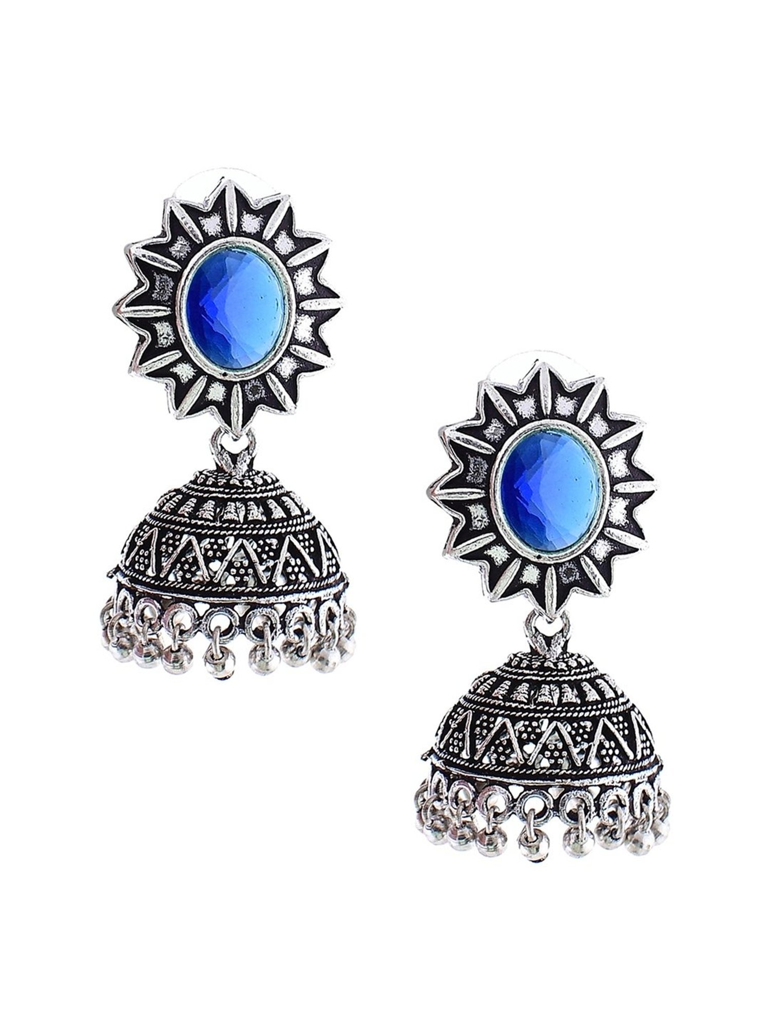 Imli Street Blue Silver Tone Stone-Studded Handcrafted Jhumki Earrings