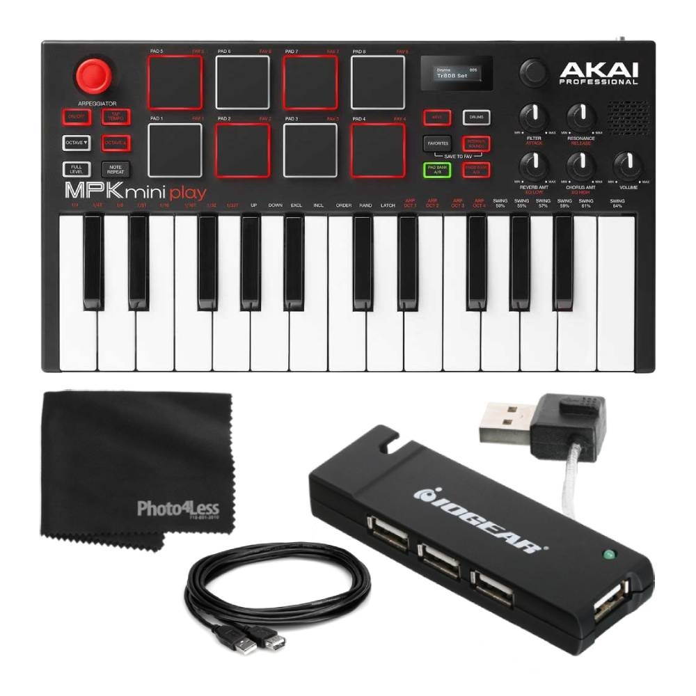 akai professional mpk mini play  compact keyboard and pad controller with integrated sound module + cable + 4port usb + pack of cable ties
