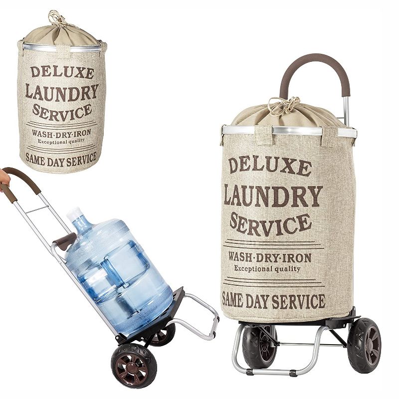 dbest products Portable Aluminum Laundry Trolley Dolly with Beige Hamper Bag, Oversized Wheels, and Ergonomic Cushioned Handle