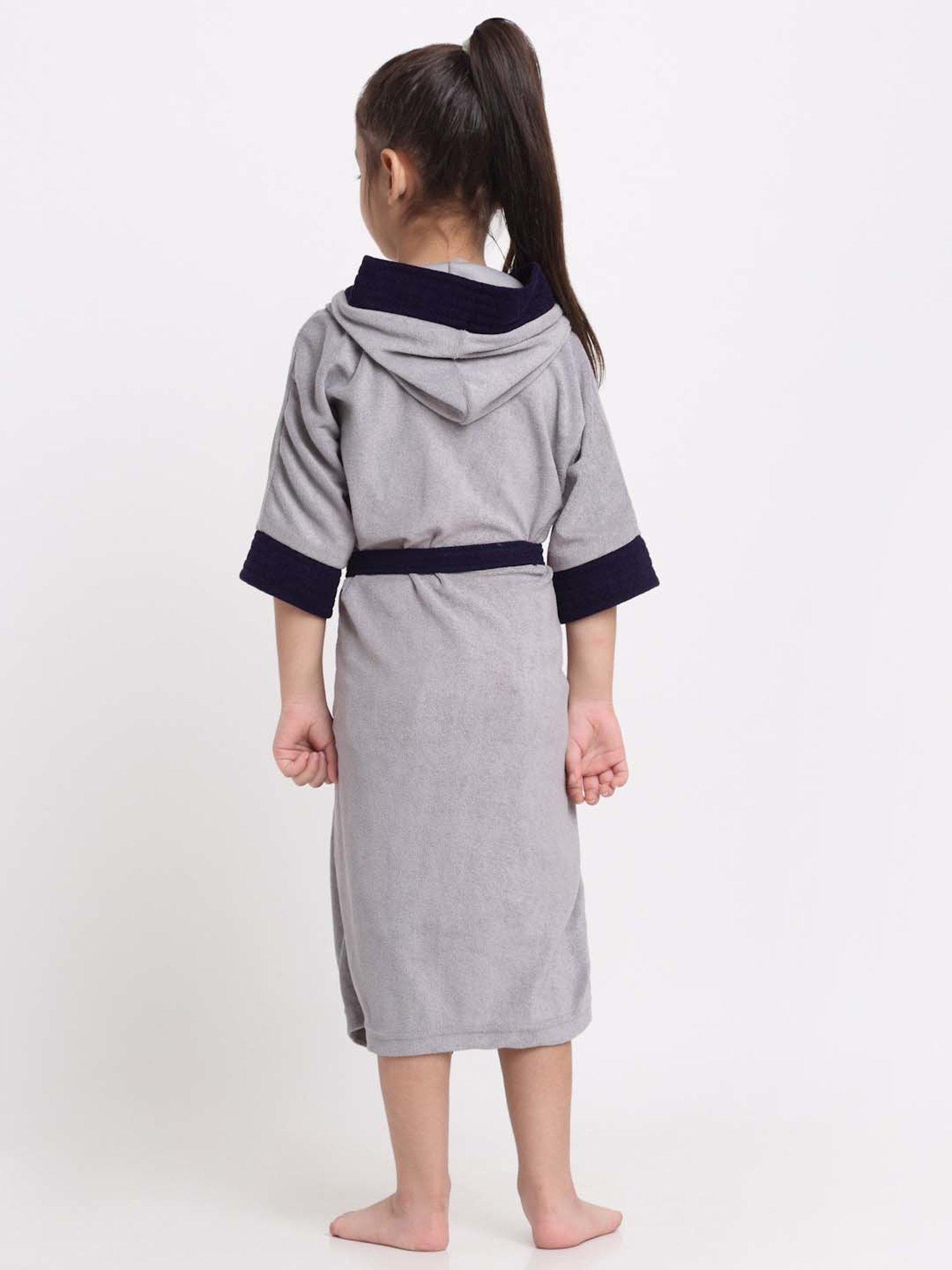 Creeva Melodious Grey & Navy Micro Terry 225 GSM Kids Hooded Bathrobe 6-7 Years With Pocket