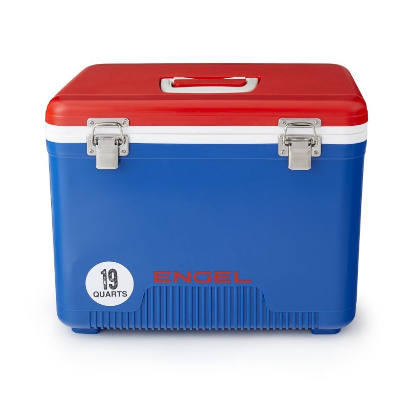 Engel UC19-RWB 19 Quart Fishing Live Bait Dry Box Ice Cooler with Stain/Odor-Resistant Surface and Shoulder Strap, Red/Blue