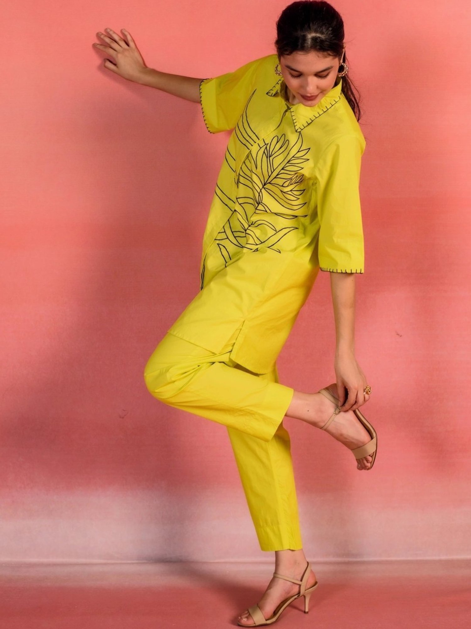 Kameez by Pooja Lemon Yellow Embroidered Poplin Shirt with Pant Co-ord Set