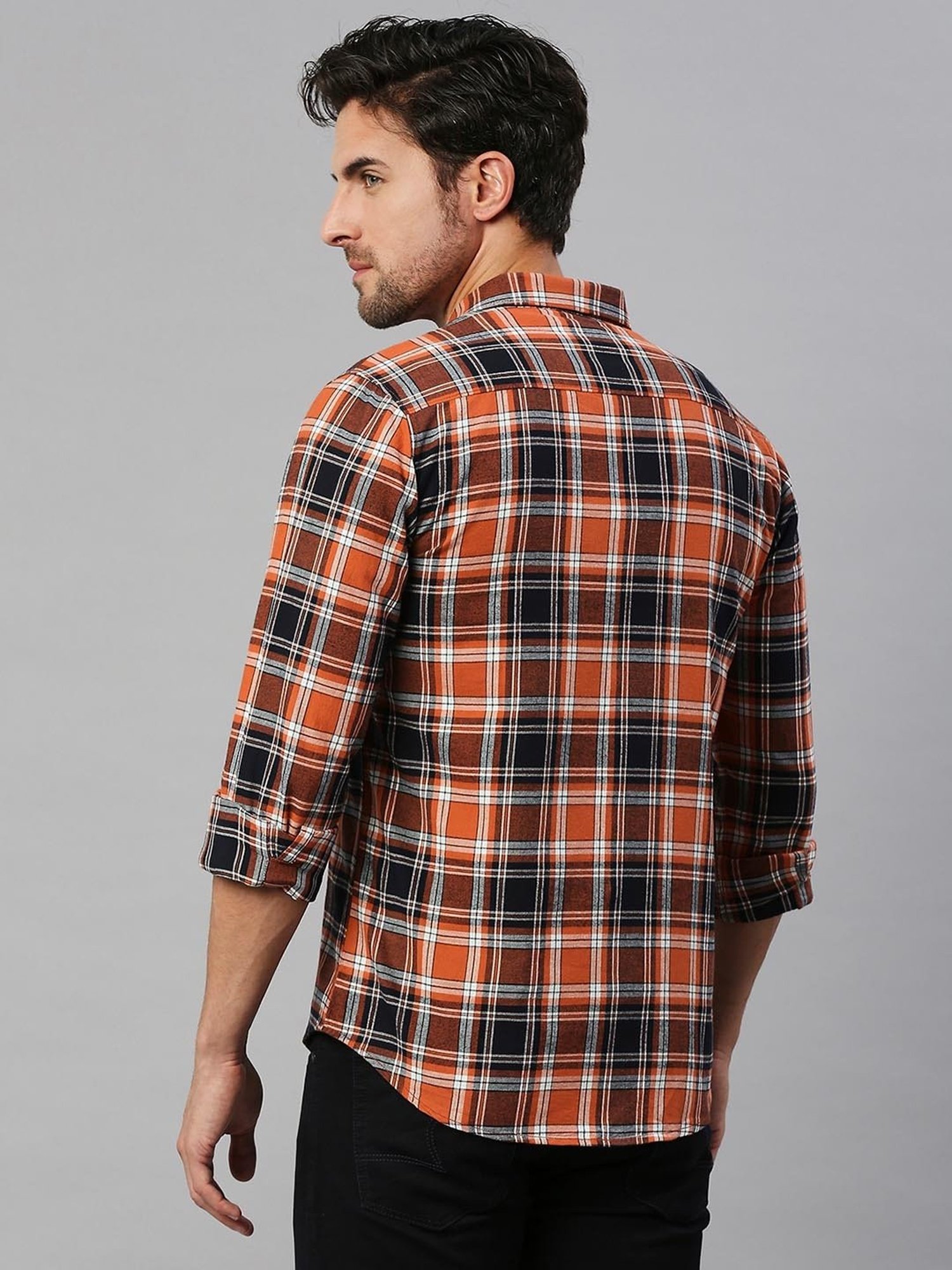 SOLEMIO Orange Slim Fit Check Cotton Shirt