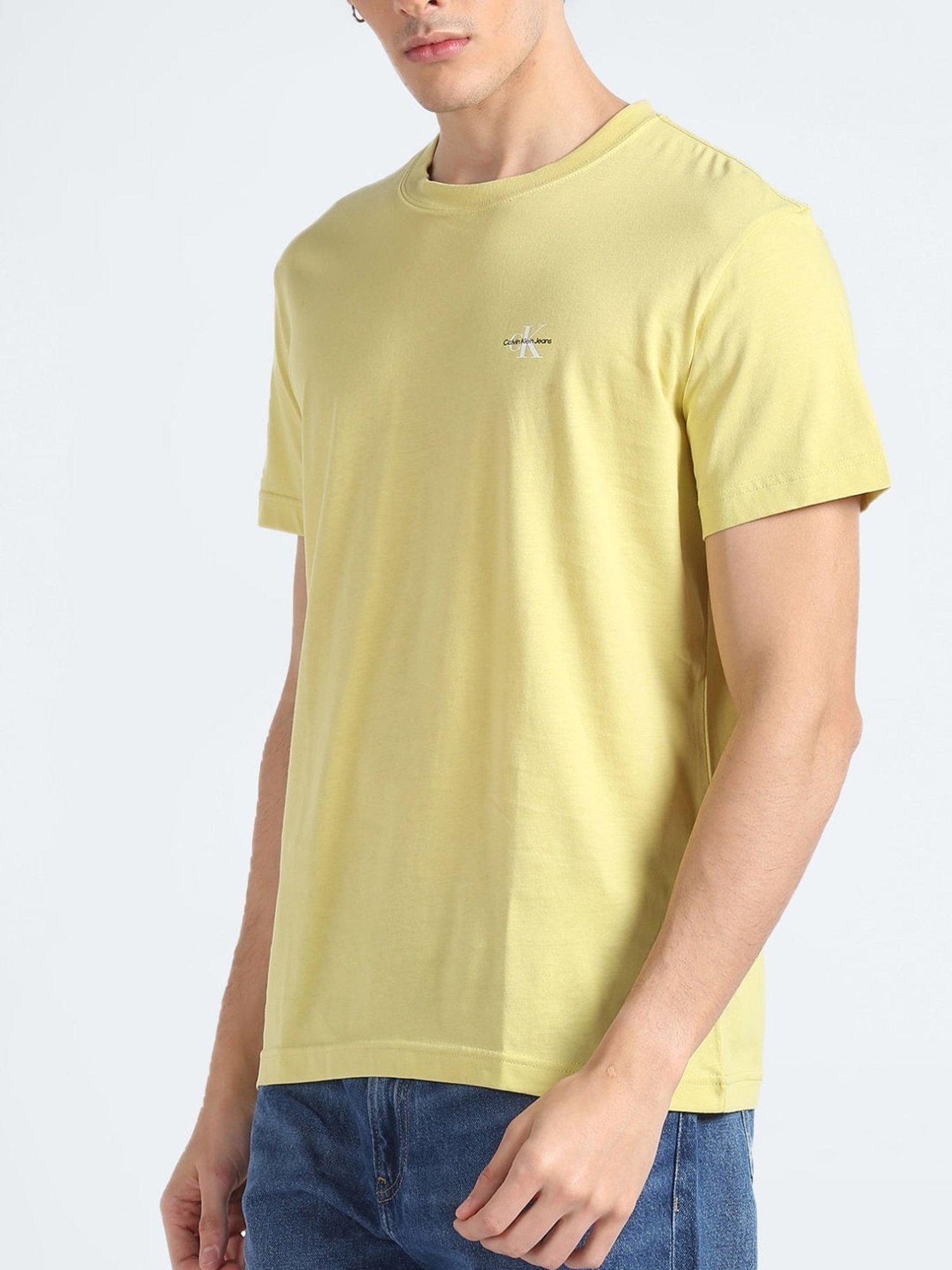 Calvin Klein Jeans Yellow & White Cotton Regular Fit T-Shirt