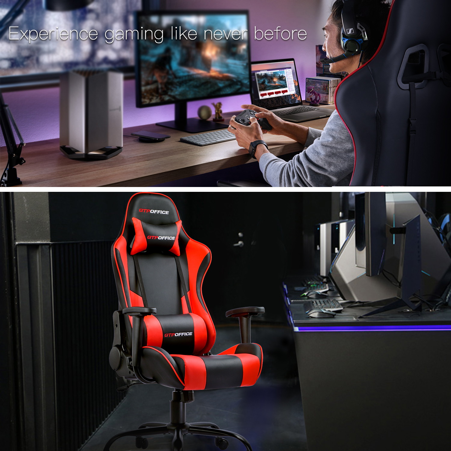 GTRACING Gaming Chair Massage Office Computer GTPOFFICE Series Racing Chair for Adult Reclining Adjustable Swivel Leather Chair High Back Desk Chair Headrest and Massage Lumbar Support Cushion