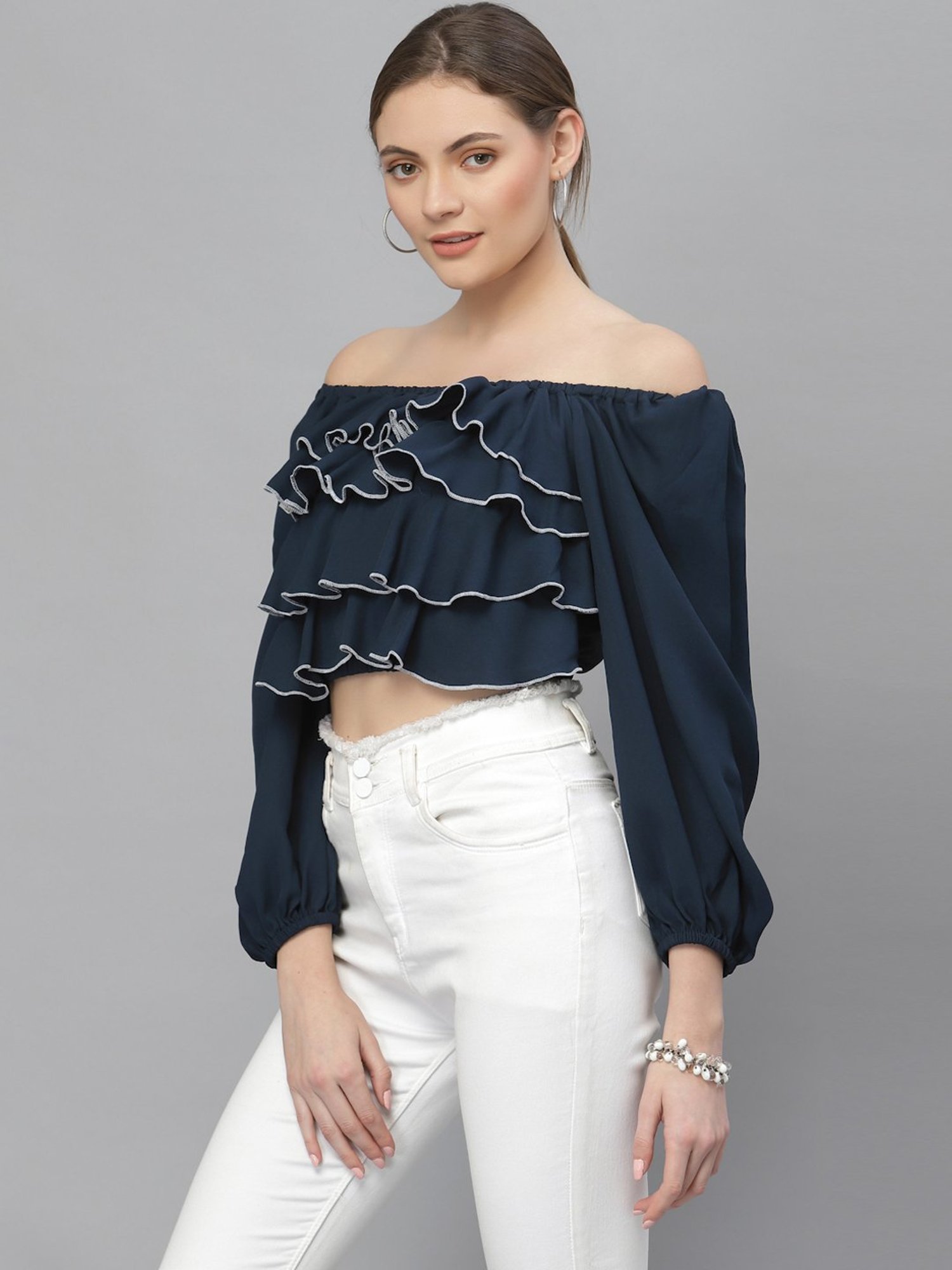 Style Quotient Navy Off Shoulder Crop Top