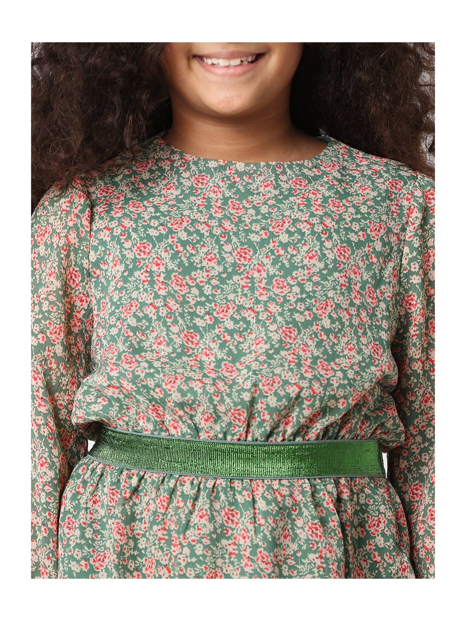KIDS ONLY Dark Green Floral Print Full Sleeves Dress